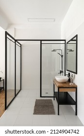 Contemporary bathroom interior design in loft style and transparent partitions. Modern glass shower and white sink with mirror. Luxury apartment for sale