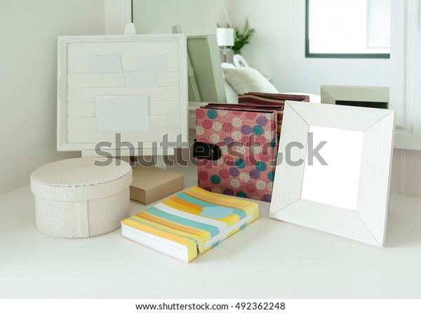 Contemporary Bedroom Decoration Picture Frame Book Stock Photo