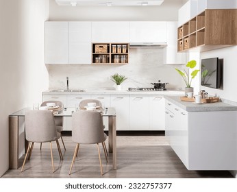a contemporary bright white kitchen, complete with a sleek glass table and coordinating chairs - Shutterstock ID 2322757377