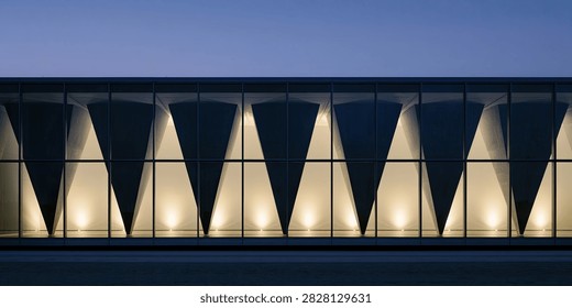 A contemporary building facade features triangular architectural elements casting dramatic shadows and illuminated interiors, creating a striking geometric pattern against the twilight sky.