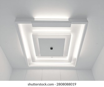 A contemporary ceiling installation featuring a multi-tiered square design with illuminated LED strips creating a bright and sophisticated ambiance.