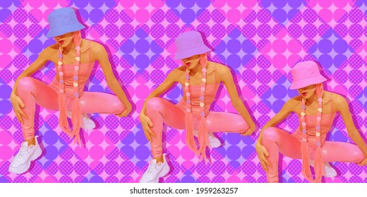 Contemporary Collage Art. Baner. Fashion Summer Digital Girls 90s Party Style On Design Geometry Background. Minimal And Style Concept