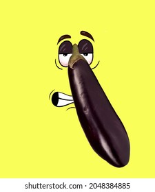 Contemporary collage  Funny annoyed purple eggplant feeling sad isolated over yellow background  Drawn vegetables in cartoon style  Concept funny meme emotions  ad  facial expressions