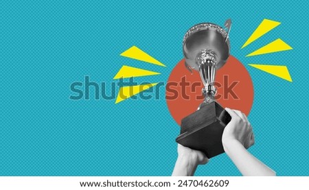 A contemporary collage hand holding a winning trophy.