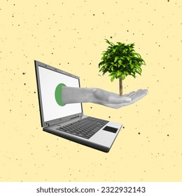 Contemporary collage of human hand with tree on laptop