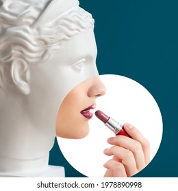 Contemporary collage of plaster statue head and young woman with lipstick in profile over deep blue background. Antiquity and modernity, beauty canons