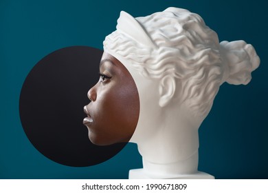Contemporary collage of plaster statue head and beautiful African American woman in profile. Antiquity and modernity. Diversity and union 