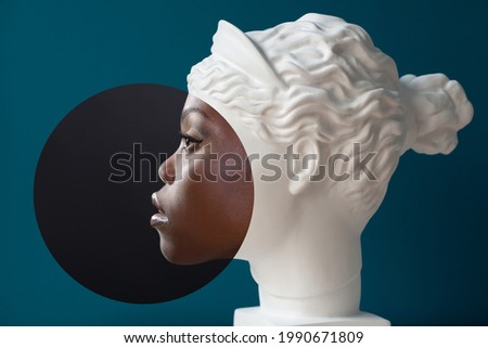Contemporary collage of plaster statue head and beautiful African American woman in profile. Antiquity and modernity. Diversity and union 