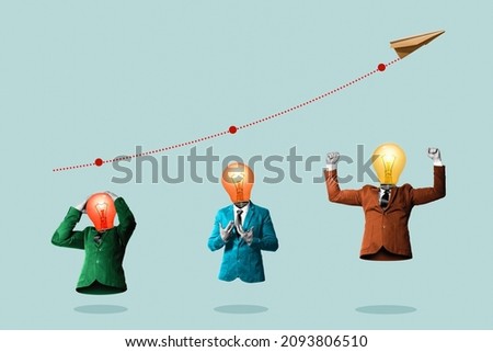 Contemporary collage with three characters, growth chart and paper plane. Business success concept.