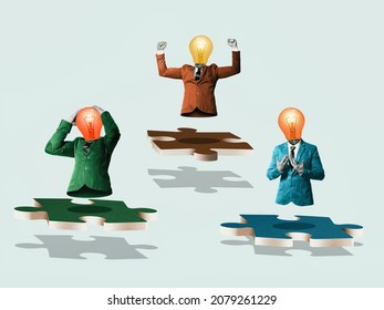 Contemporary collage with three characters on pieces of puzzle. Characters with different emotions. Business concept.