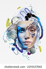 Contemporary collage of women portraits with glass balls and wire. Cyborg woman. Isolated on grey background                              - Shutterstock ID 2193157043