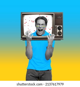 Contemporary collage. Young expressive man with TV head praying to stop the war in Ukraine isolated over blue and yellow background. Screaming for peace. Stop russian terror. Conceptual image