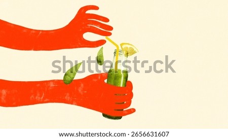 Contemporary composition of orange hands preparing green smoothie bottle with lemon slice and splashes. Concept of health, vegan food branding, packaging, wellness, lifestyle design.
