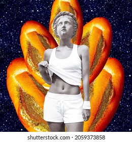 Contemporary concept collage. Antique statue head and human body. Lady and Sport, diet, calorie, bread funny art. Zine minimal fashion design