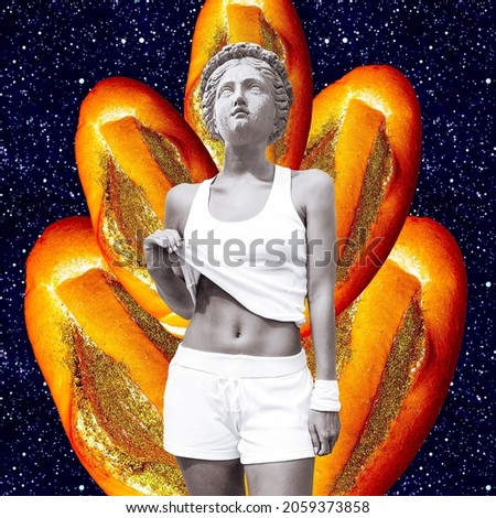 Contemporary concept collage. Antique statue head and human body. Lady and Sport, diet, calorie, bread funny art. Zine minimal fashion design