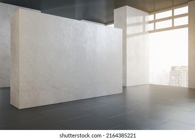 Contemporary concrete gallery interior with abstract city view, daylight and mock up place on wall. Exhibition and art concept. 3D Rendering