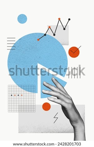 Contemporary design collage of hand holding piece business analytic create statistics pie chart diagram isolated over gray color background