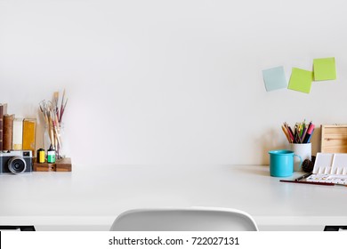 Contemporary desk Workplace with Supplies Concept. Desk space background.
