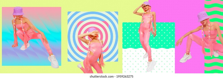 Contemporary digital collage art.  Baner. Fashion summer girls 90s party style on design geometry background.