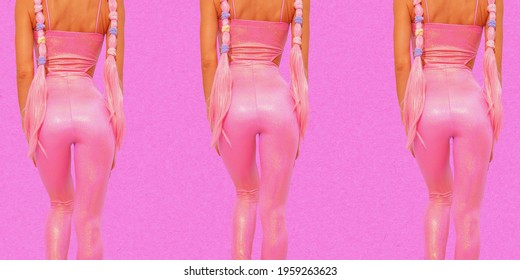 Contemporary Digital Collage Art. Baner. Fashion Summer Girls 90s Party Style On Pink Unicorn Background. Back Front