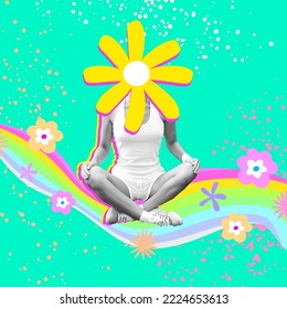 Contemporary digital collage art. Girl in happy meditation. Positive emotions affirmations concept. Stylish flowers design - Shutterstock ID 2224653613
