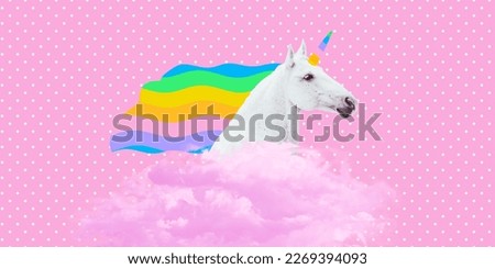 Contemporary digital collage art. Modern trippy design. Unicorn and rainbow