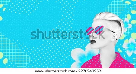 Contemporary digital collage art. Modern trippy design. Fashion Lady and creative abstraction background