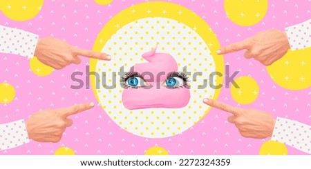 Contemporary digital collage art. Modern trippy design. Funny candy object and index fingers.