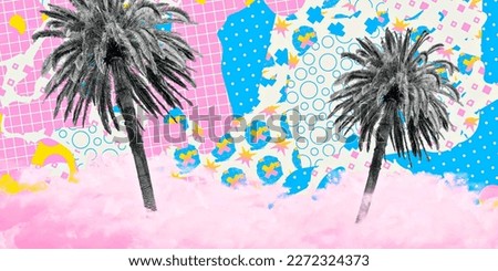 Contemporary digital collage art. Modern trippy design. Palm and abstract creative background