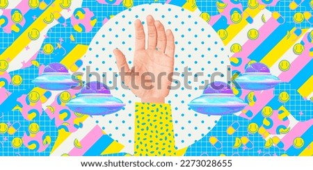 Contemporary digital collage art. Modern trippy design.  Funny hand and flying saucer on creative abstract background