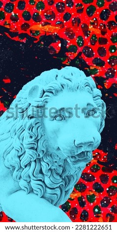 Contemporary digital collage art. Modern trippy design. Statue lion  and creative abstraction background. Vertical banner