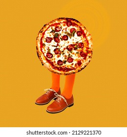 Contemporary digital collage art. Pizza vintage caracter. Pizza lover concept