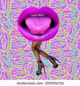 Contemporary digital collage art. Sensual sexy lips and legs mixed. Fashion, adult shop, clubbing, party concept.