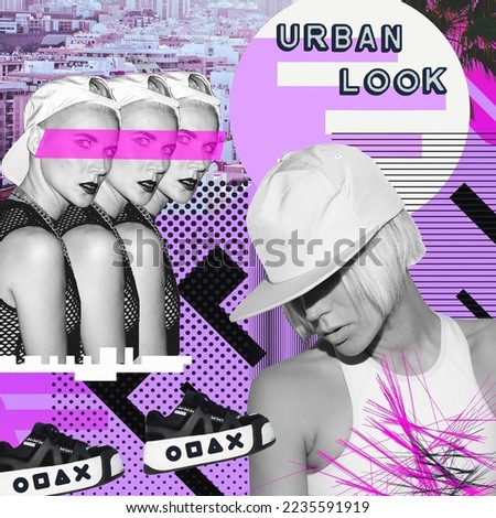 Contemporary digital collage art. Skateboard Girl and 90s fashion urban mood. Magazine clipping design
