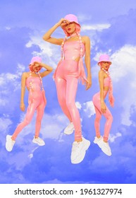 Contemporary Digital Collage Art. Summer Girls Back In 90s Pop Zine Culture In Clouds Space. Pink Dreamers Concept