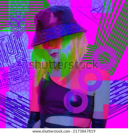 Contemporary digital collage art.  Techno Party fashion Lady. Minimal geometry style