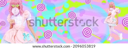 Contemporary digital collage banner art. Candy Girl fashion style. Trendy creative dreaming loli pop space. Candy Shop, Party concept