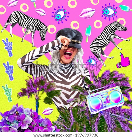 Contemporary digital funky minimal collage poster. Happy emotional party zebra Lady. Trendy animal print. Beach mood. Back in 90s. Pop art zine fashion, music, clubbing culture.