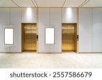 Contemporary elevator lobby featuring two modern elevators with polished metal doors on corridor lobby, mockup billboard with frame between elevators, blank space for advertisement or announcement