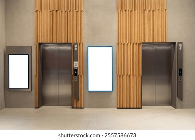 Contemporary elevator lobby featuring two modern elevators with polished metal doors on corridor lobby, mockup billboard with frame between elevators, blank space for advertisement or announcement