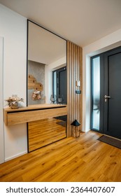 A contemporary entranceway with a large mirror and dark wooden flooring, perfect for a modern home
