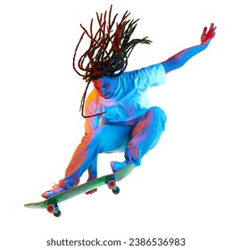 Contemporary extreme kind of sport. Man, skateboarder performing tricks in mixed neon light isolated white background. Concept of youth culture, active lifestyle, style and fashion, creativity, art. - Powered by Shutterstock