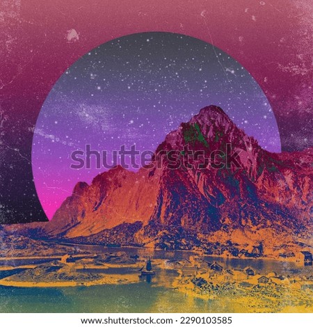 Contemporary futuristic neon collage art, space landscape, planets mountains duo tone effect, vaporwave cyberpunk webpunk vintage style art, music album cover colourful surreal style poster