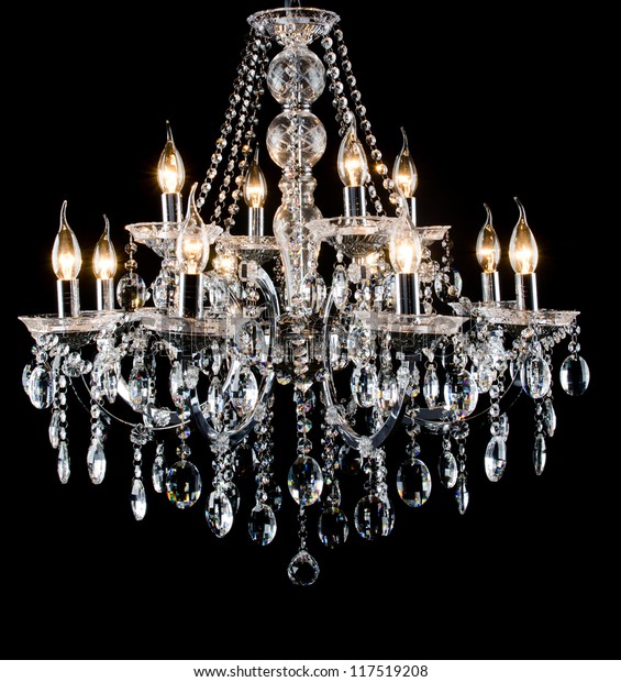 Contemporary Glass Chandelier Isolated Over Black Stock Photo