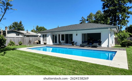 A contemporary house with a rectangular pool, patio furniture, and a wellmanicured lawn. The house features large windows and a dark gray roof.