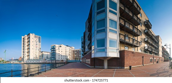 Contemporary housing development along the popular Cardiff Bay in Wales.