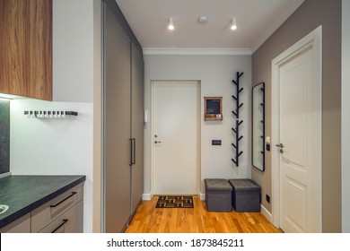 Contemporary Interior Of Modern Studio Apartment. Grey Kitchen Set. White Door. Hanger And Mirror On Wall.