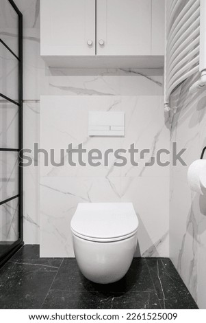 contemporary interior in restroom , porcelain wc bowl with closed lid, mounted wall flush button, dark marble tile on floor and hanging cabinet