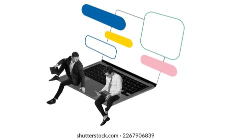 Contemporary isometric art collage or modern design. Two men, employees sitting on big laptopand chatting. Online business communication and cooperation. Concept of business, network, teleworking, ad