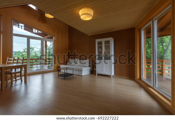 Contemporary Living Room Minimalistic Interior Wooden Stock Photo